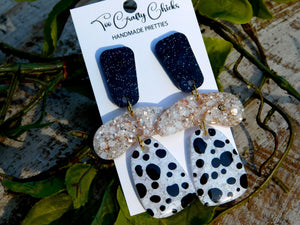 Hand Painted Black, Beige & White Polka Dot 3 Tier Dangles