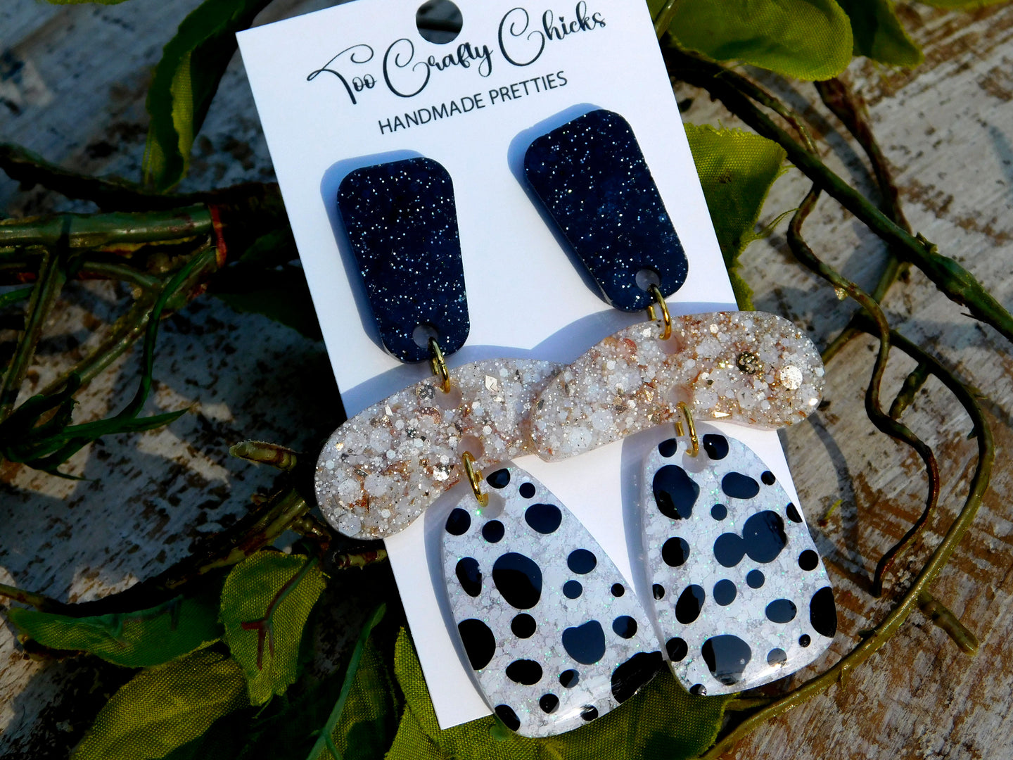 Hand Painted Black, Beige & White Polka Dot 3 Tier Dangles