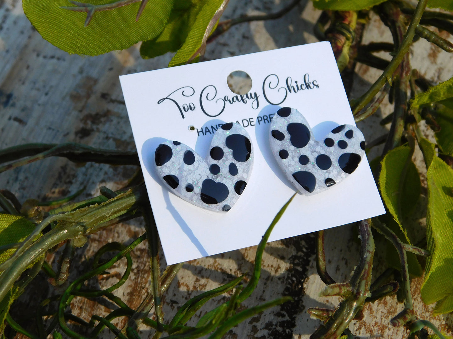 Hand Painted Black & Beige Polka Dot Heart Studs