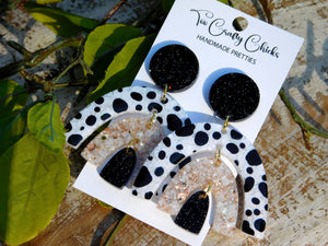 Hand Painted Black, Beige & White Polka Dot Double Rainbow Dangles