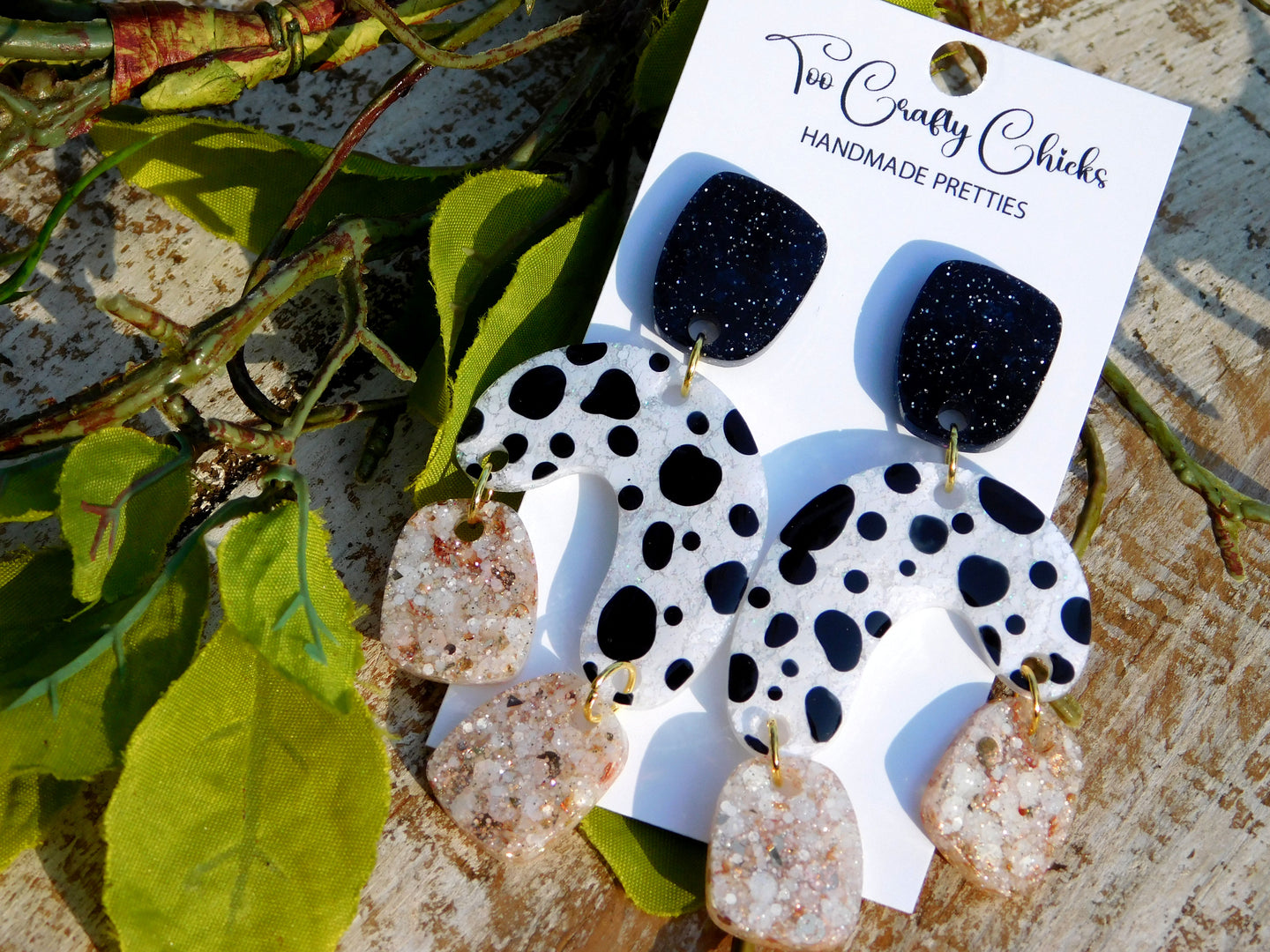 Hand Painted Black, Beige & White Polka Dot 3 Tier Dangles