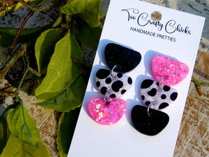 Hand Painted Pink, Black & White Polka Dot 3 Tier Dangles