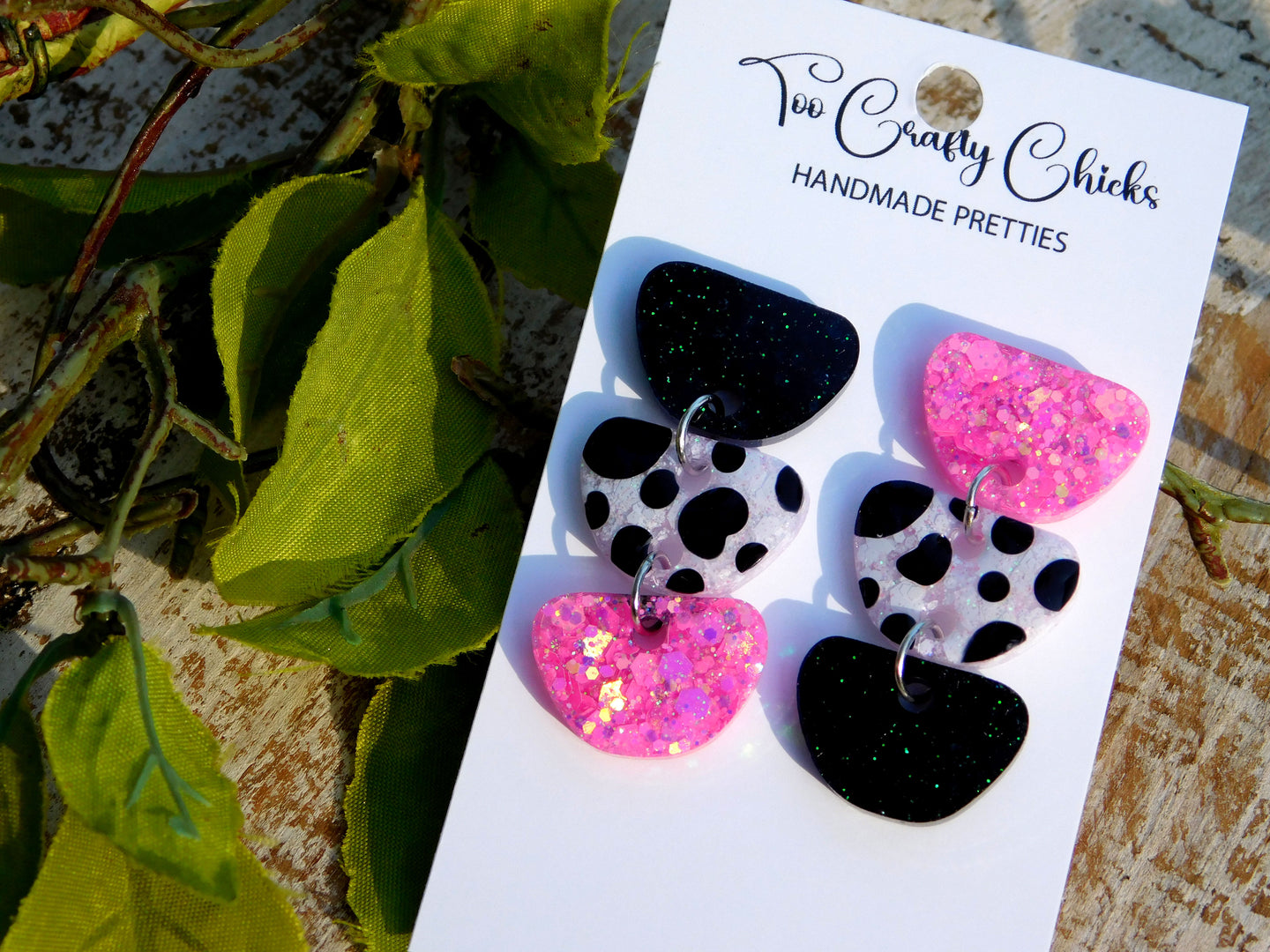 Hand Painted Pink, Black & White Polka Dot 3 Tier Dangles