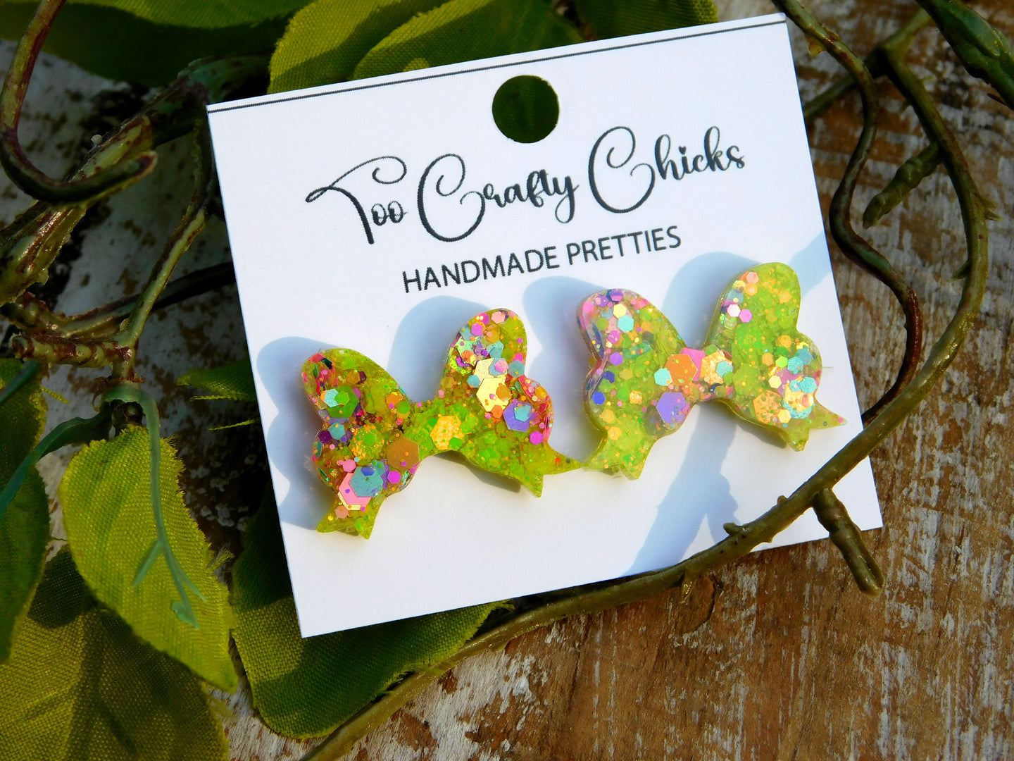 Lime Green & Confetti Bow Studs
