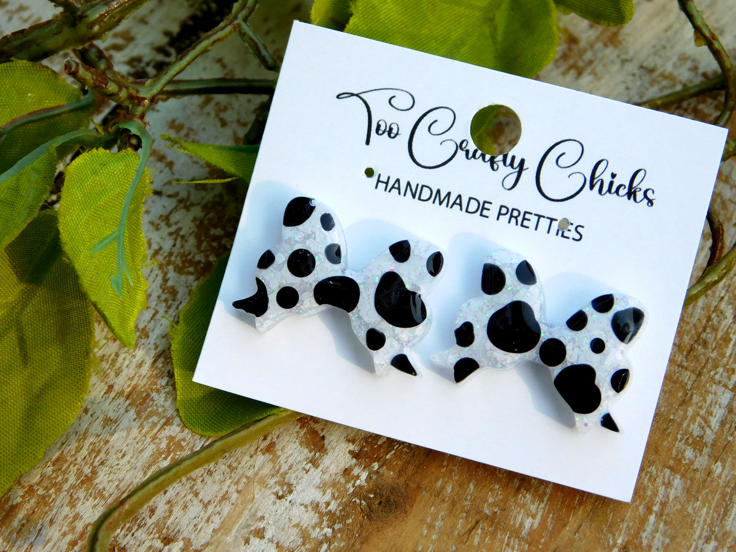 Hand Painted Black & White Polka Dot Bow Studs