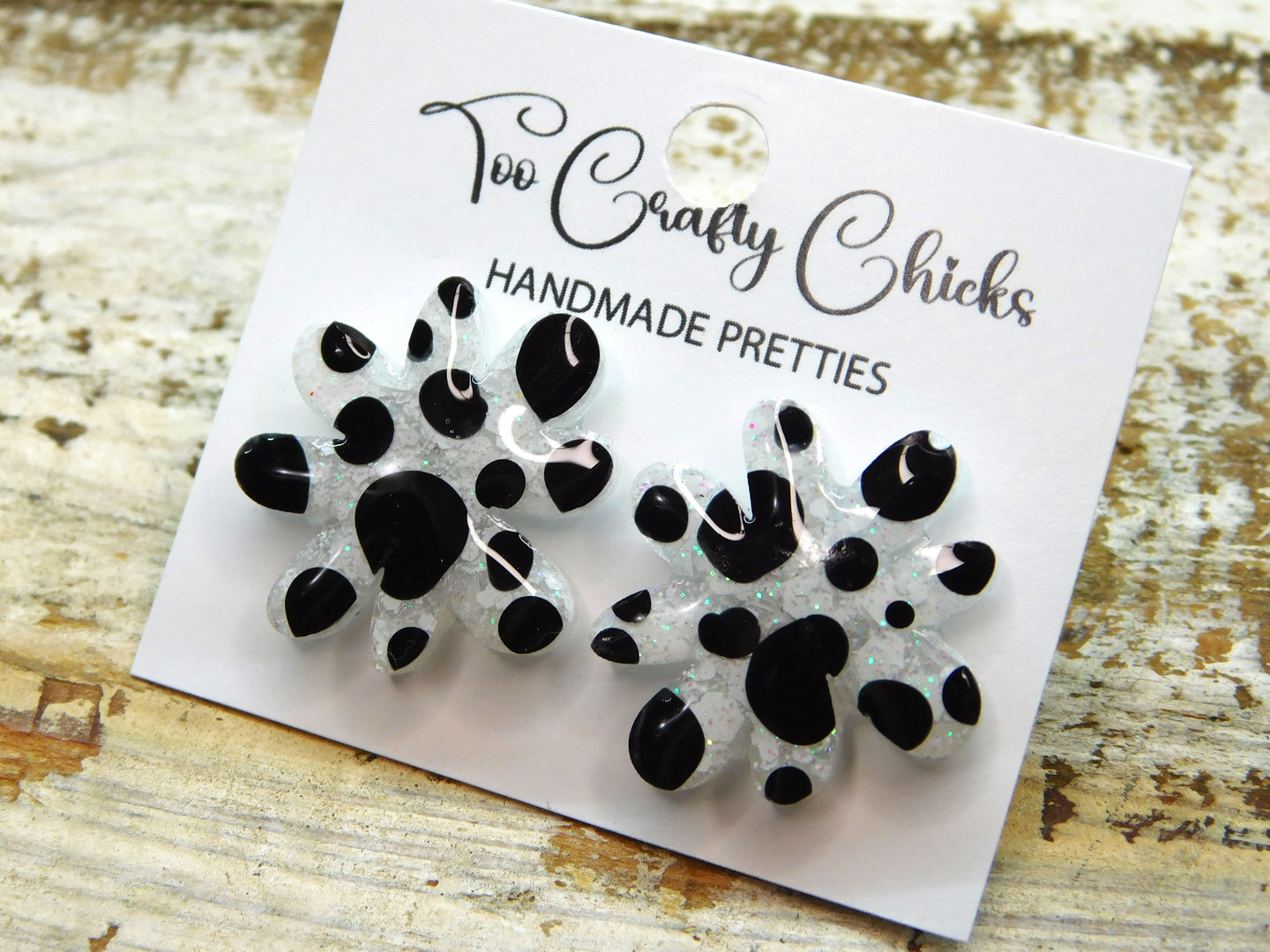 Hand Painted Black & White Polka Dot Flower Studs