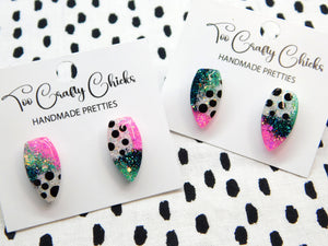 Pink Teal Turquoise & Polka Dot 3/4 in. Fang Studs
