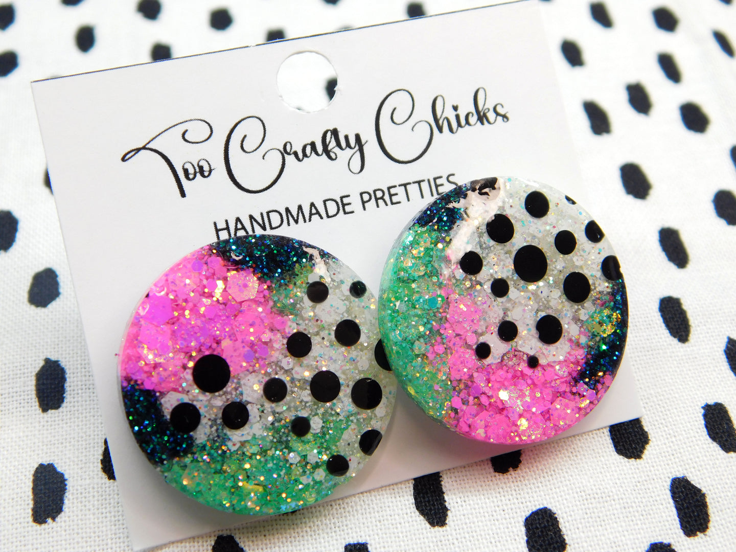 Pink Teal Turquoise & Polka Dot 1 in. Round Studs