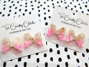 Beige & Pink Bow Studs
