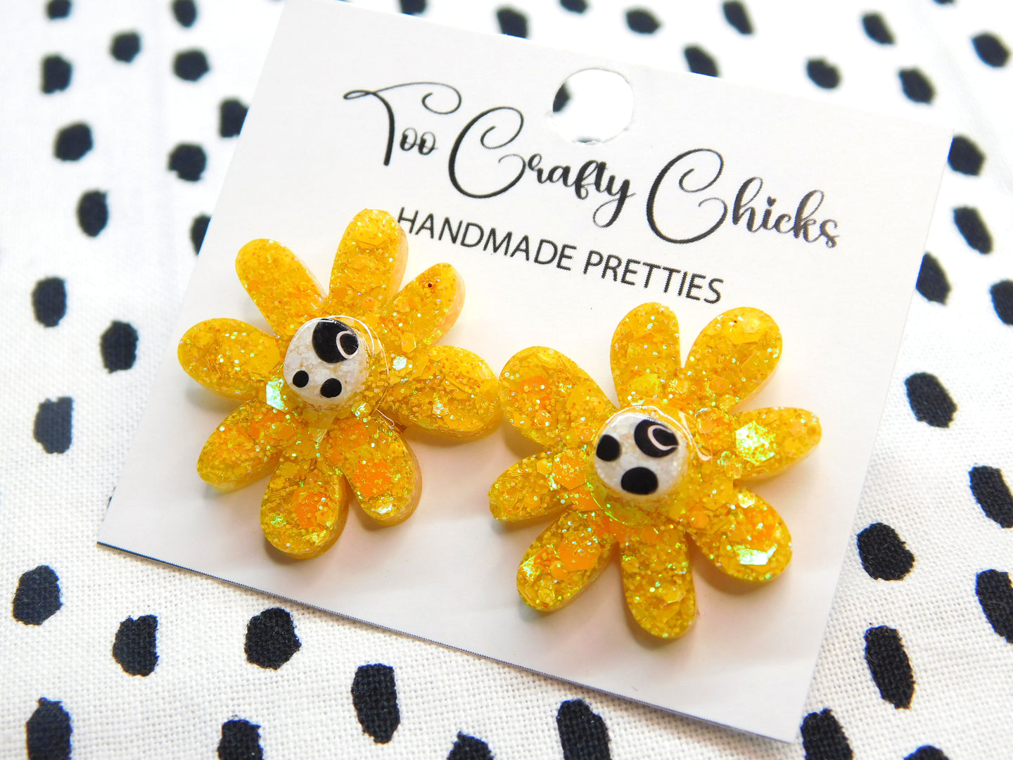Yellow & Polka Dot Flower Studs