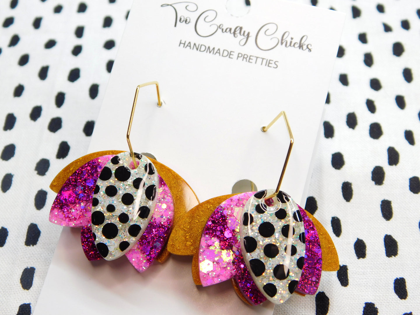 Pink Purple Gold & Polka Dot Tulip Hoops