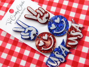 Red White & Blue Peace Love USA Dangles
