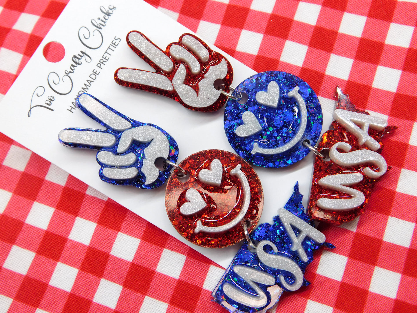 Red White & Blue Peace Love USA Dangles