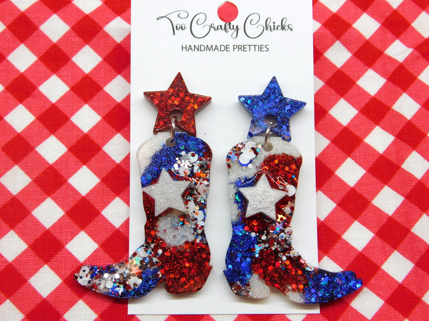 Red White Blue & USA Confetti Cowboy Boot Dangles