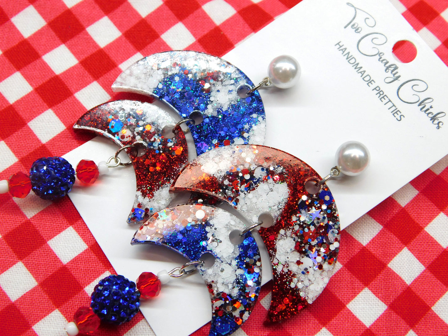 Red White Blue & USA Confetti Double Crescent Bead Dangles