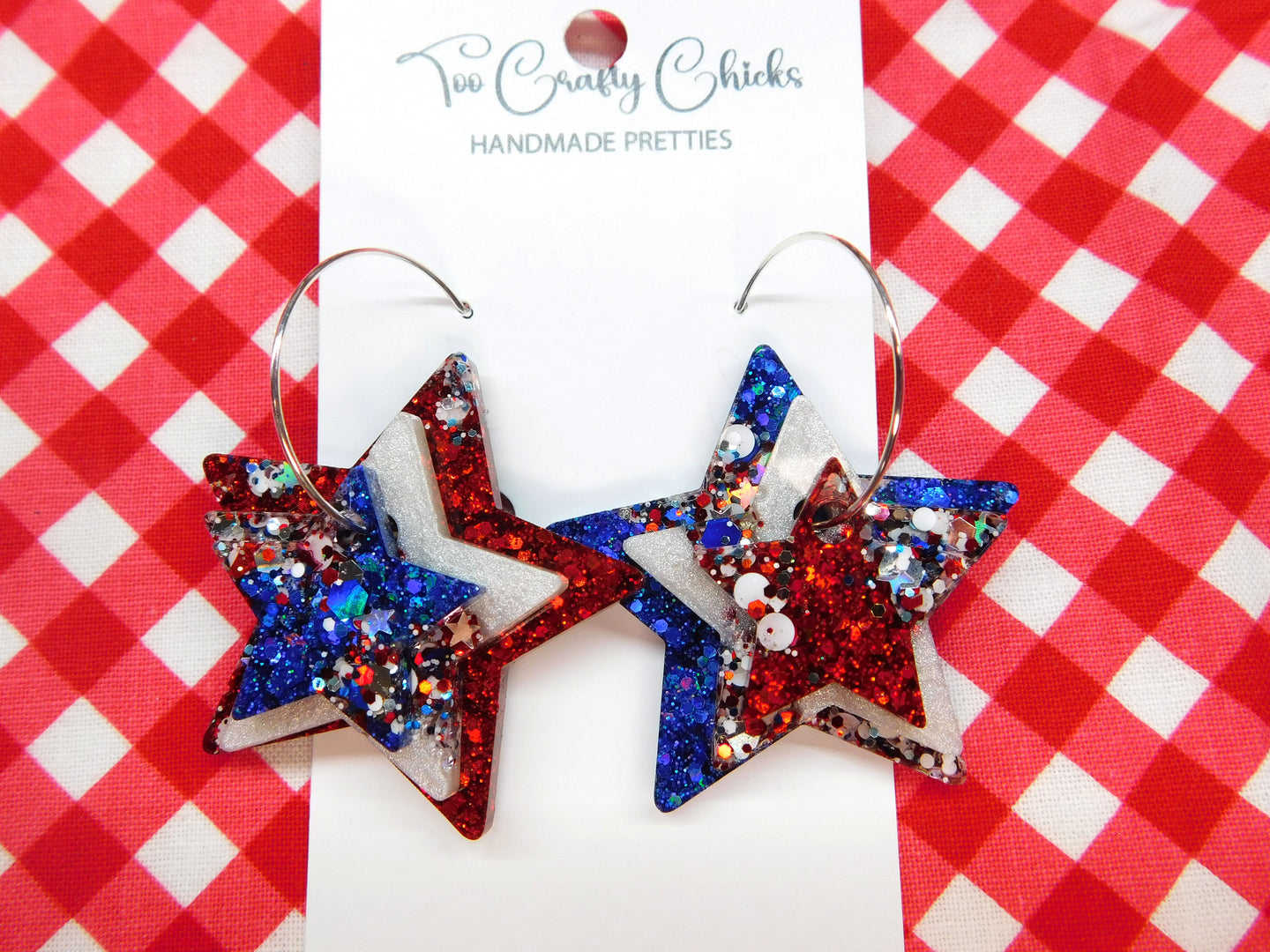 Red White Blue & USA Confetti Stacked Star Hoops