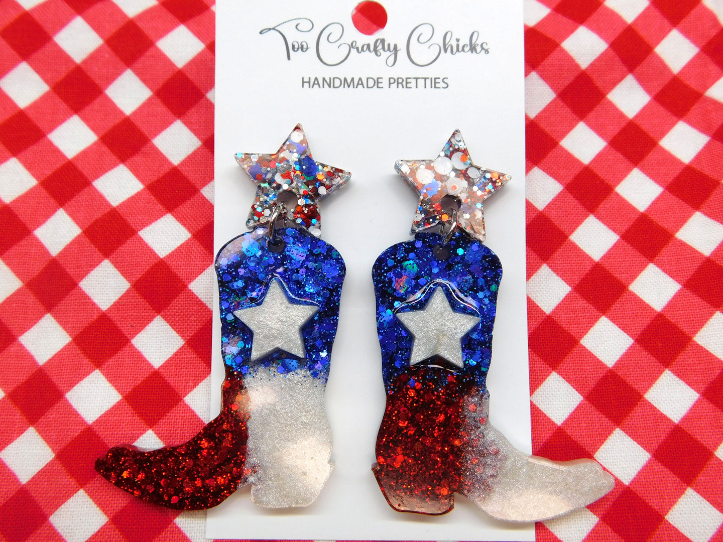 Red White Blue & USA Confetti Cowboy Boot Dangles