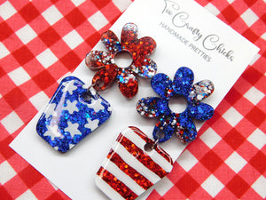 Hand Painted Red White & Blue Flower Pot Dangles