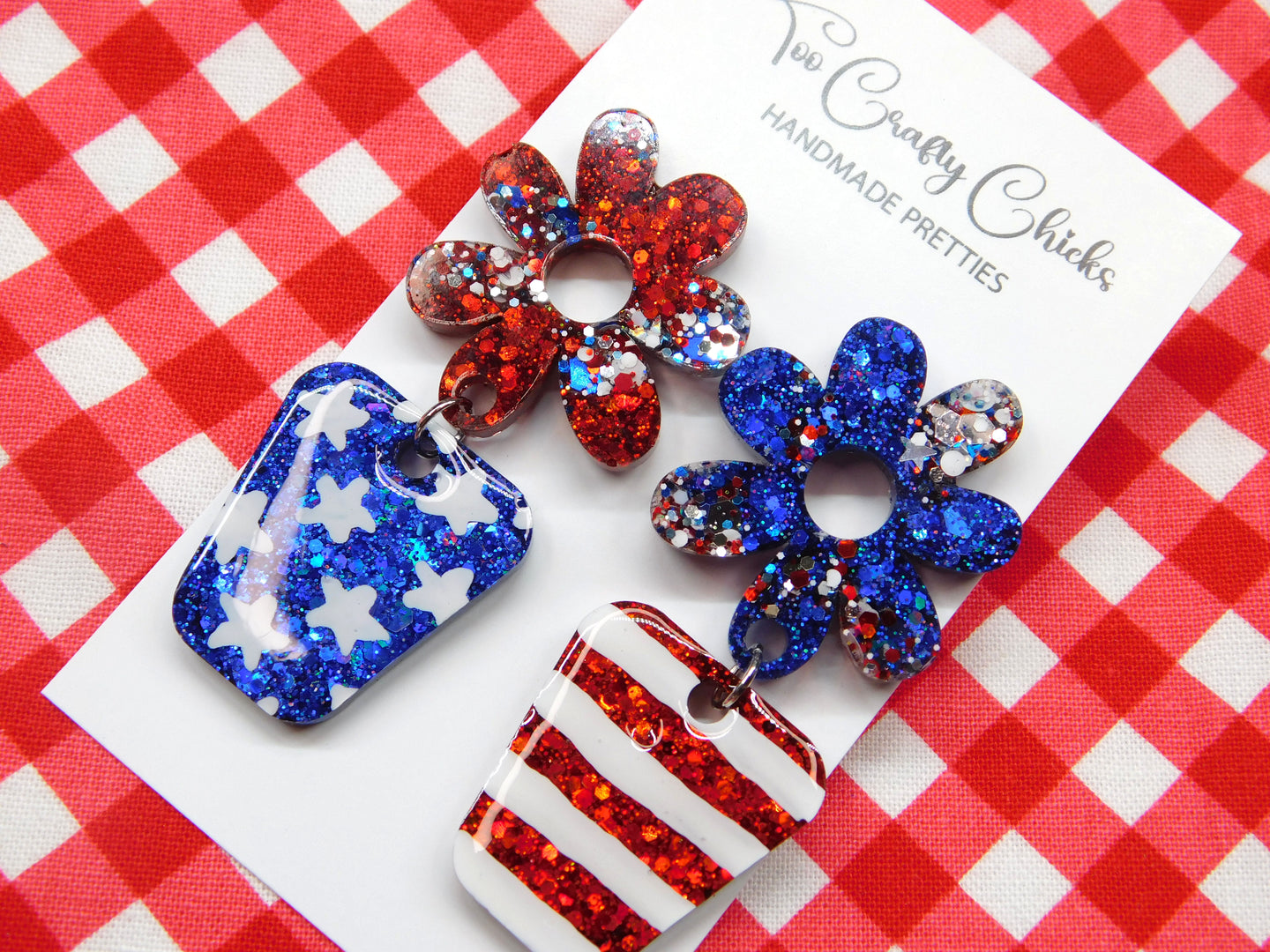 Hand Painted Red White & Blue Flower Pot Dangles