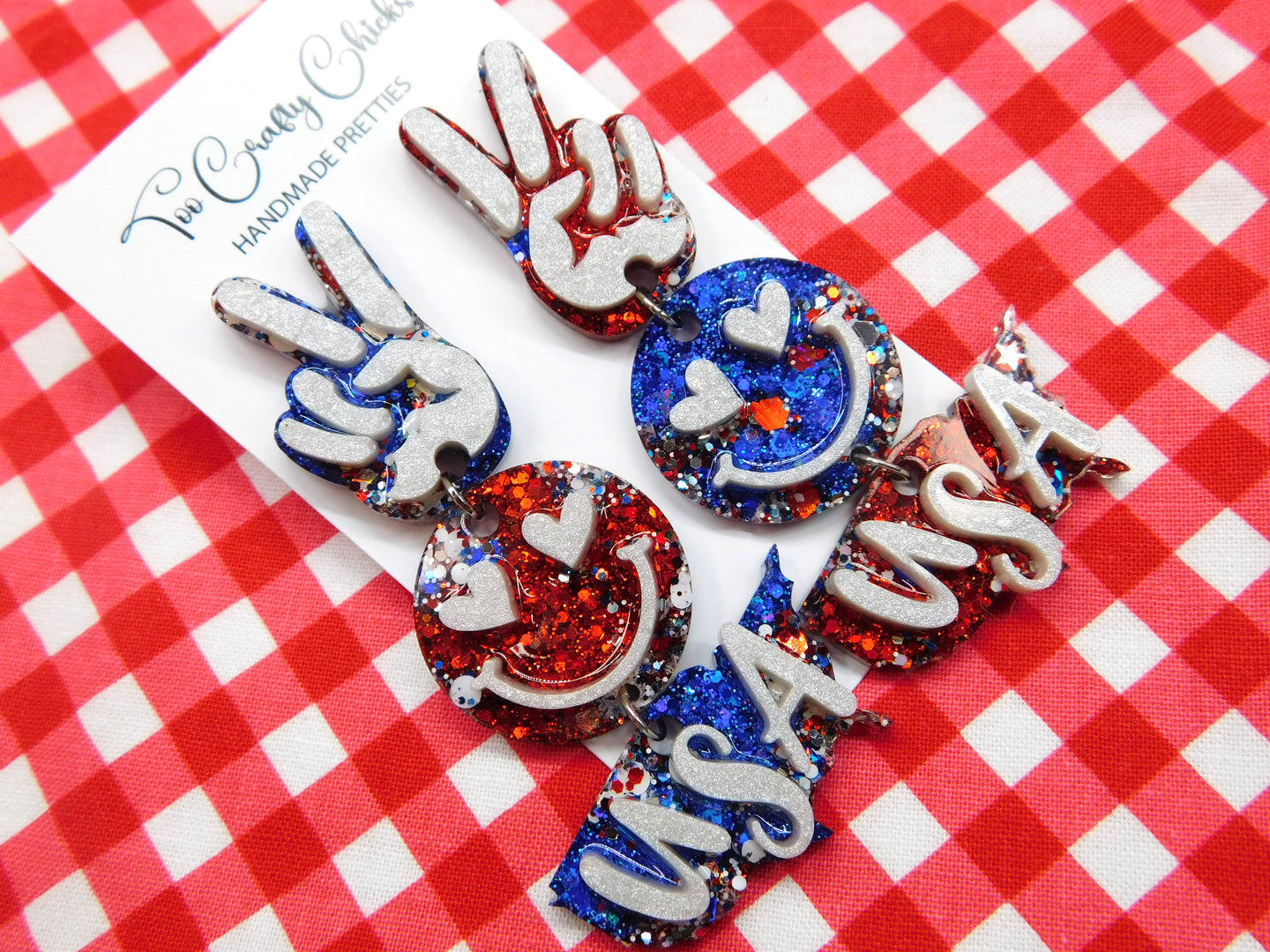 Red White & Blue Peace Love USA Dangles