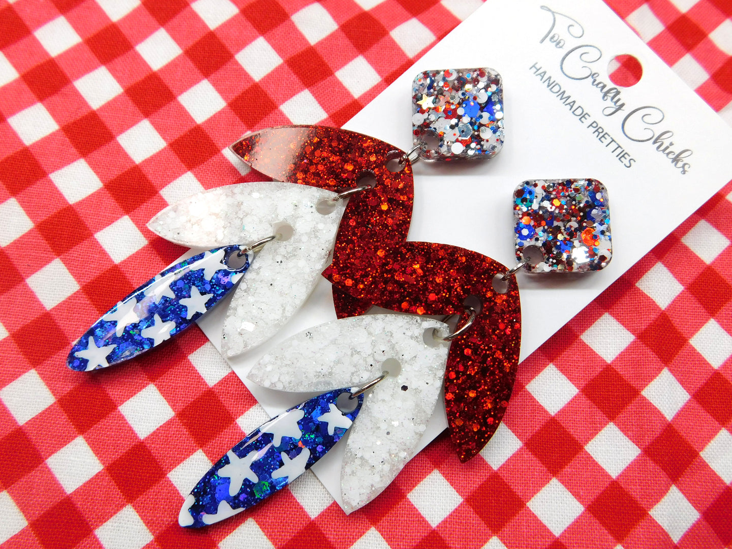 Hand Painted Red White & Blue 4 Tier Dangles