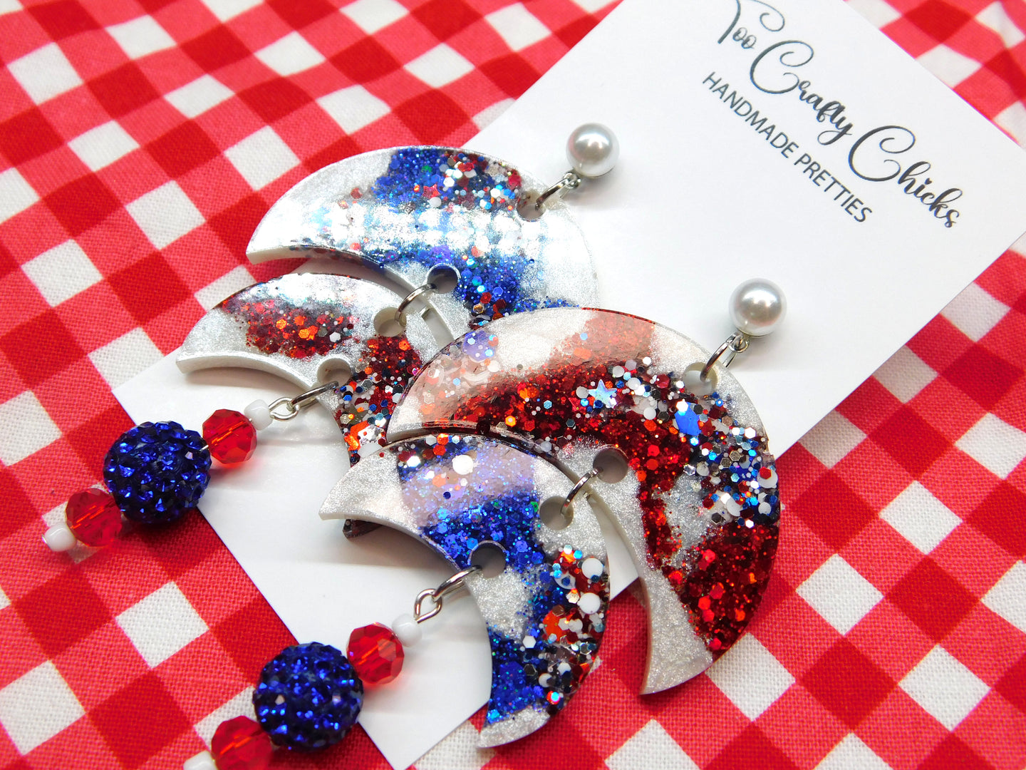 Red White Blue & USA Confetti Double Crescent Bead Dangles