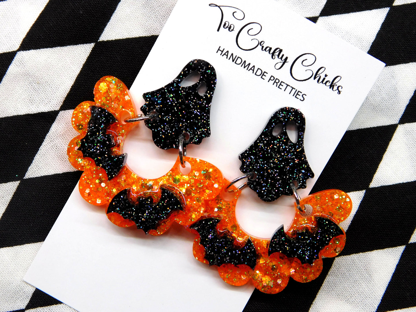 PRE ORDER - Orange & Black Bat Scalloped Dangles w/ Ghost Tops
