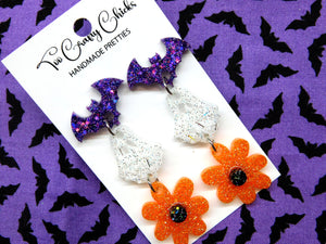 PRE ORDER - Orange Purple & White Bat Ghost & Flower Dangles