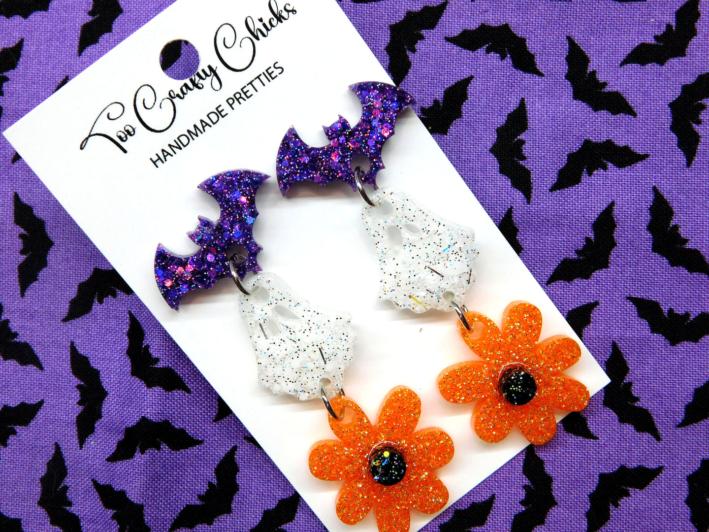 PRE ORDER - Orange Purple & White Bat Ghost & Flower Dangles