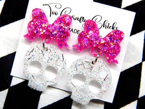 PRE ORDER - 1 in. White Skull Dangles w/ Pink Bow Tops