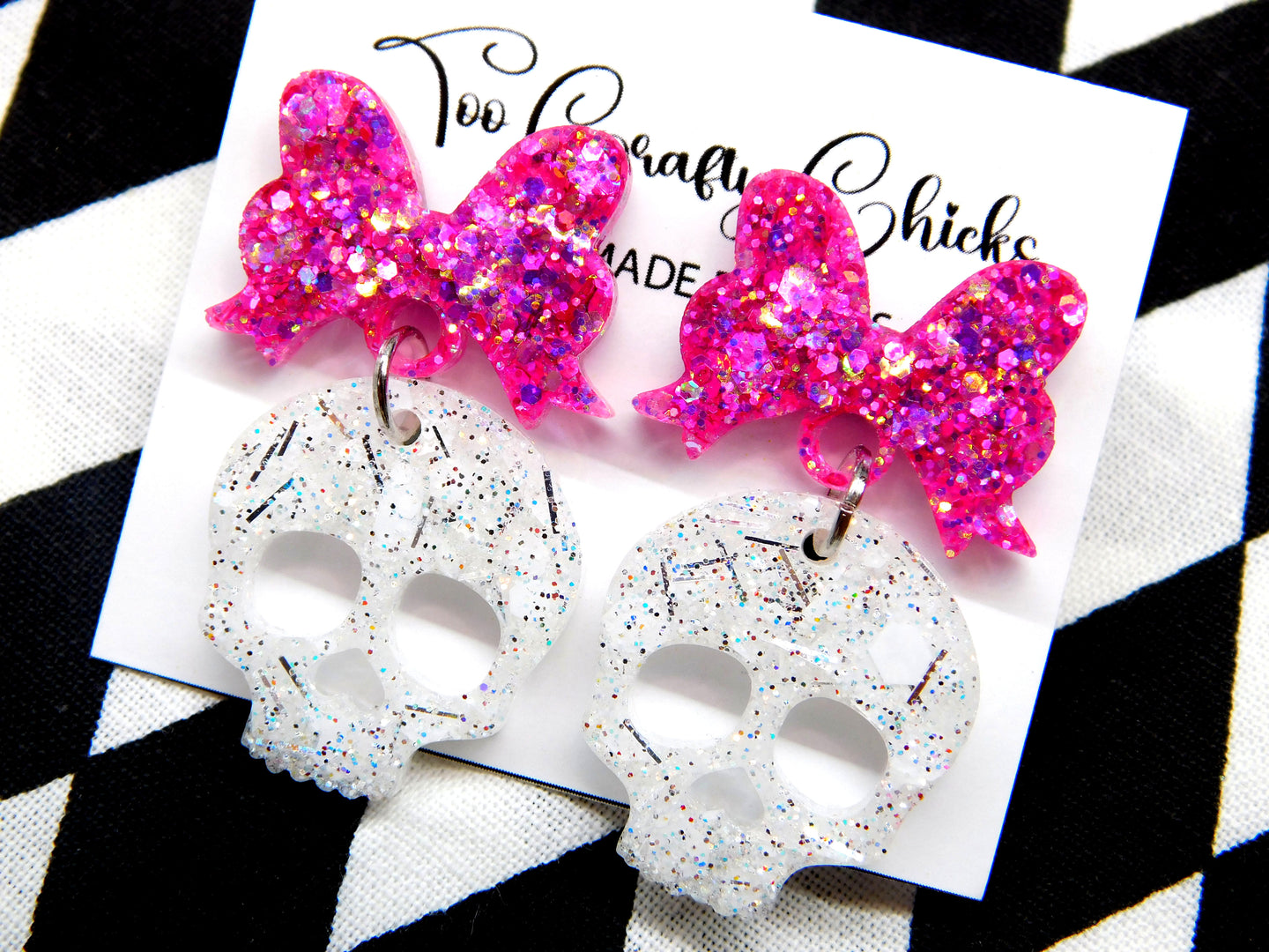 PRE ORDER - 1 in. White Skull Dangles w/ Pink Bow Tops