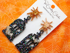 PRE ORDER - Orange Beige & Black RIP Headstone Dangles w/ Spider Tops