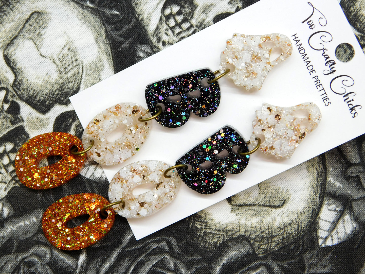 Orange Beige & Black BOO Dangles w/ Ghost Tops