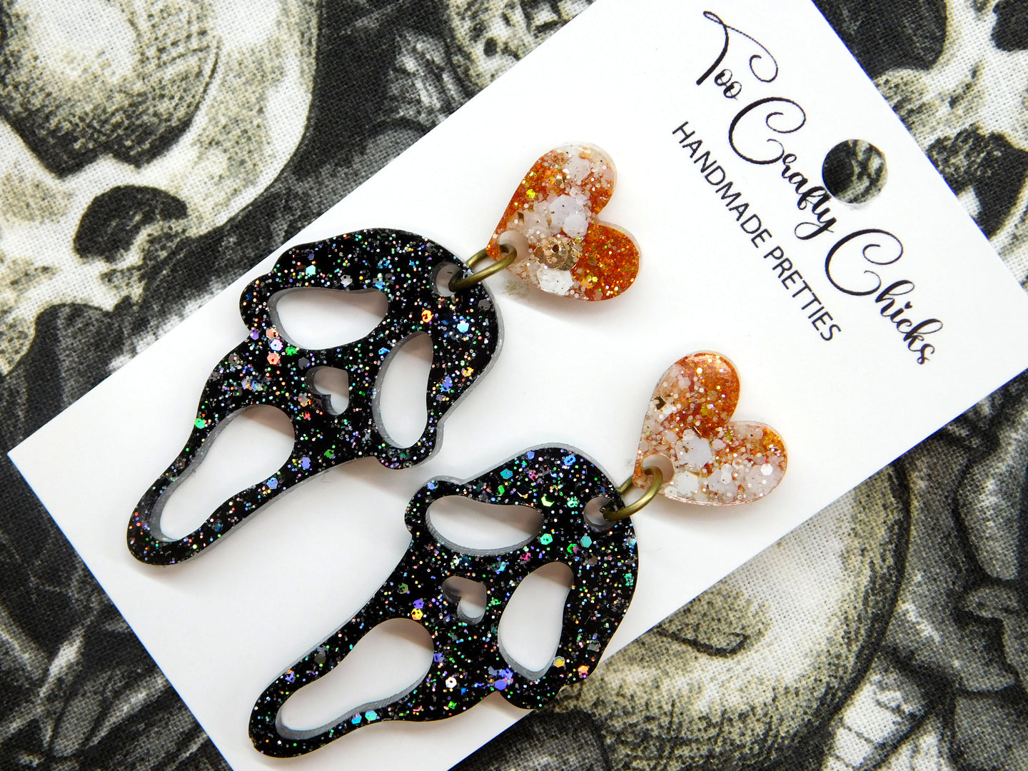 PRE ORDER - Orange Beige & Black Ghost Face Dangles w/ Heart Tops