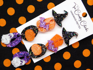 Purple Orange & Black BOO Dangles w/ Witch Hat Tops