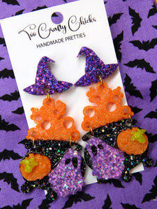 Purple Orange & Black Cauldron Dangles w/ Witch Hat Tops