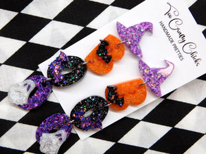 Purple Orange & Black BOO Dangles w/ Witch Hat Tops