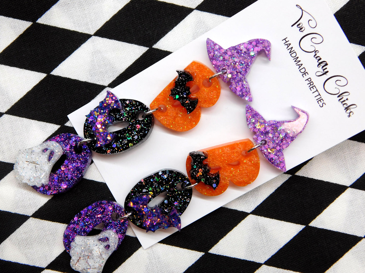 Purple Orange & Black BOO Dangles w/ Witch Hat Tops