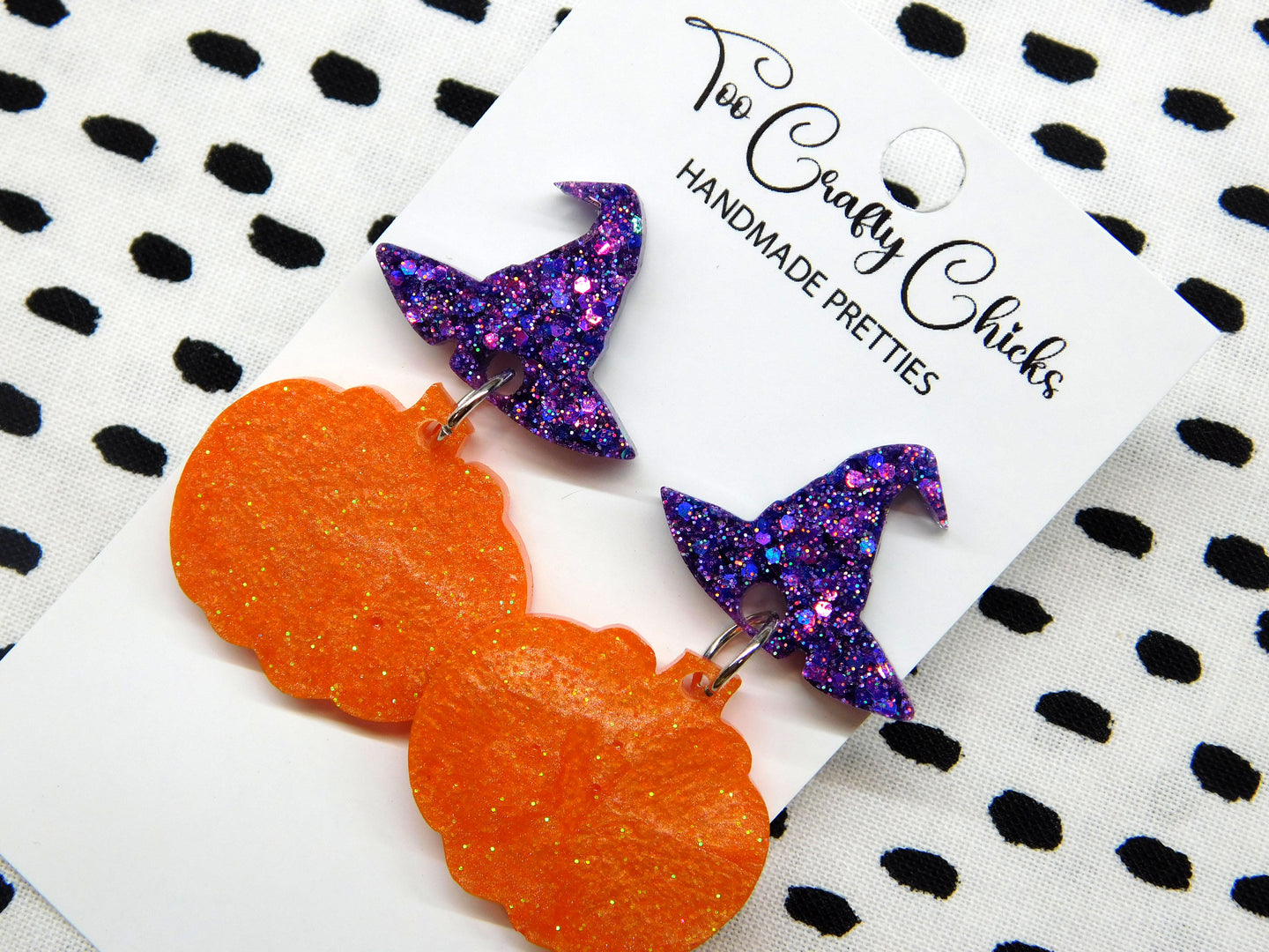 PRE ORDER - Orange Pumpkin Dangles w/ Purple Witch Hat Tops