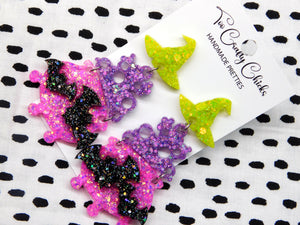 PRE ORDER - Pink Lime Green & Purple CaulDron Dangles w/ Witch Hat Tops