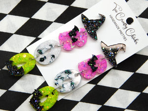 PRE ORDER - Pink Lime Green & Purple BOO Dangles w/ Witch Hat Tops