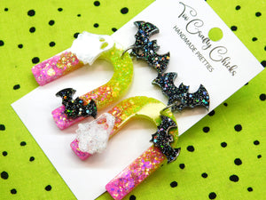 Pink & Lime Green Arch Dangles w/ Ghost & Bats w/ Bat Tops