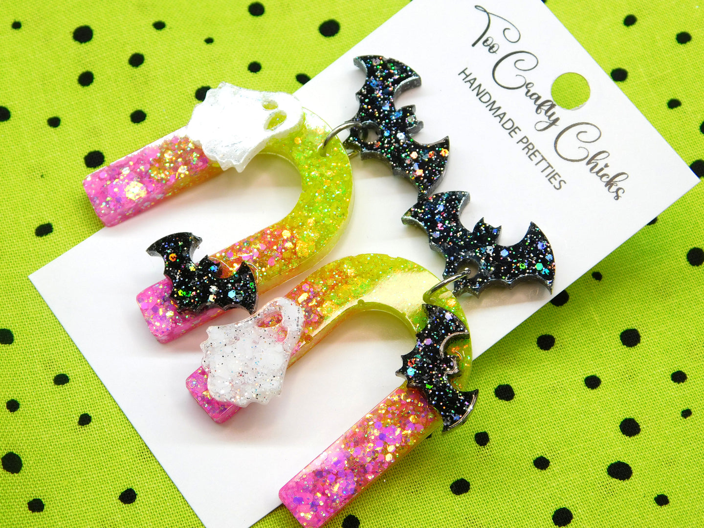 Pink & Lime Green Arch Dangles w/ Ghost & Bats w/ Bat Tops