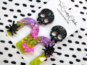 Pink Purple & Lime Green Arch Dangles w/ Spiders & Bats w/ Skull Tops