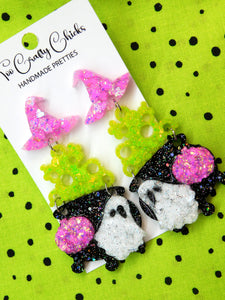 Pink & Lime Green Cauldron Dangles w/ Witch Hat Tops