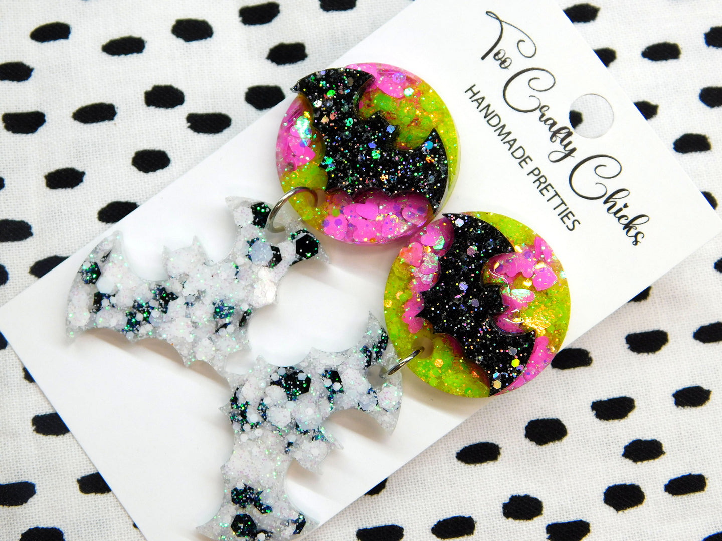 Pink Lime Green Black & White Moon Bat Dangles