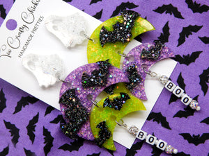 Purple & Lime Green Crescent BOO Dangles w/ Bats & Ghost Tops