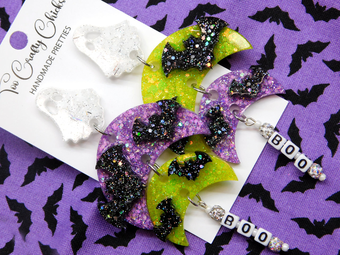 Purple & Lime Green Crescent BOO Dangles w/ Bats & Ghost Tops