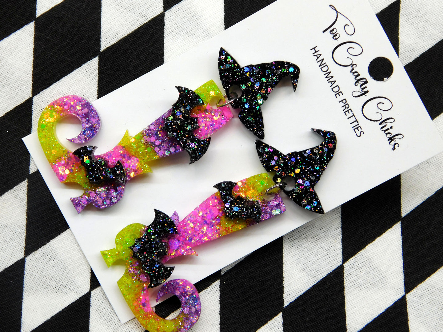 Pink Purple & Lime Green Witches Boots Dangles w/ Bats & Witch Hat Tops