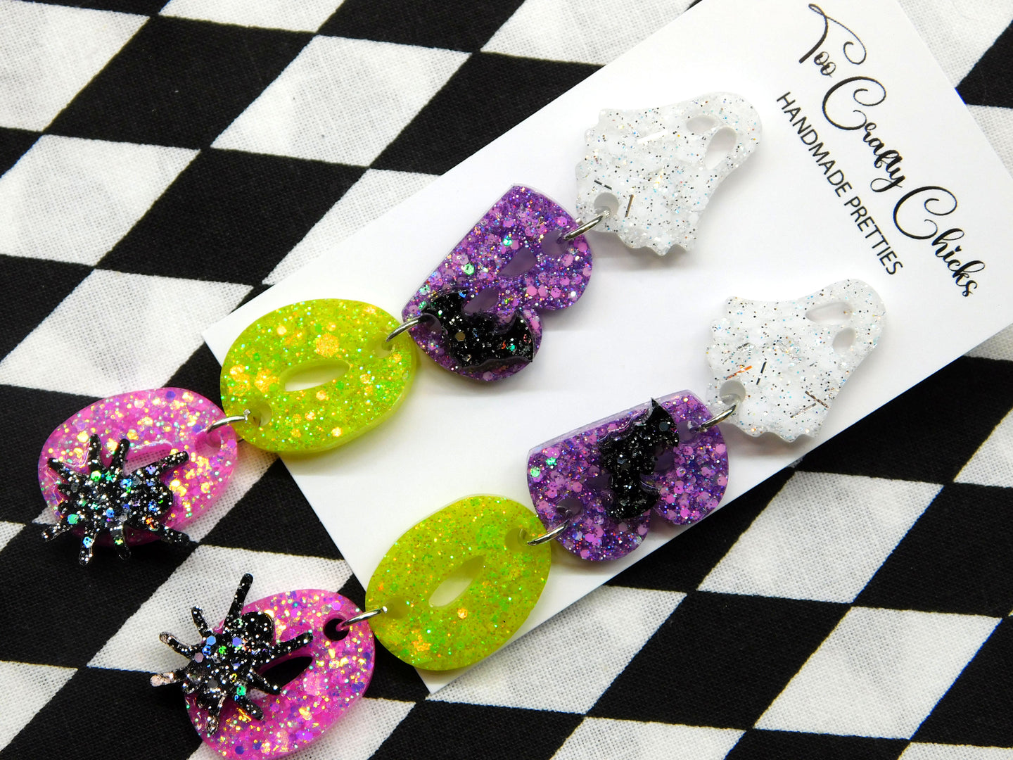 Pink Purple & Lime Green BOO Dangles w/ Ghost Tops